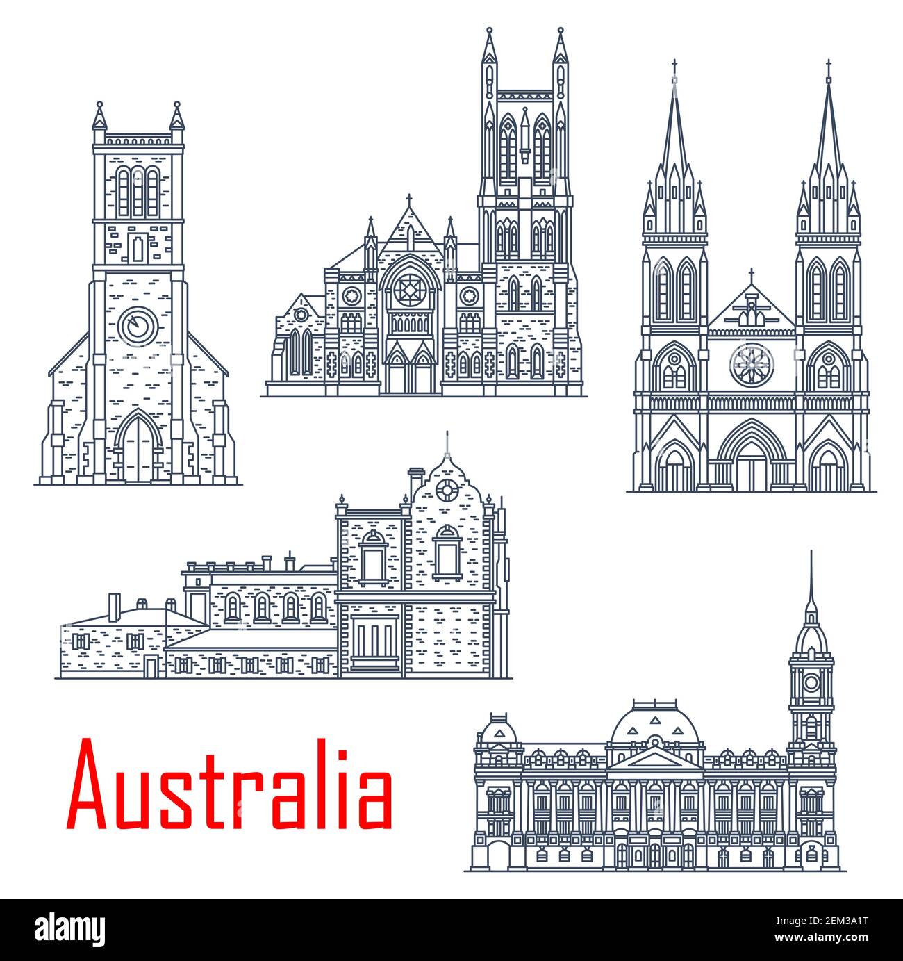 Australian isolated vector landmarks. Vector St. Peter Cathedral, Melbourne town hall, Old Parliament Adelaide, St. Francis Xavier Cathedral. Holy Tri Stock Vector