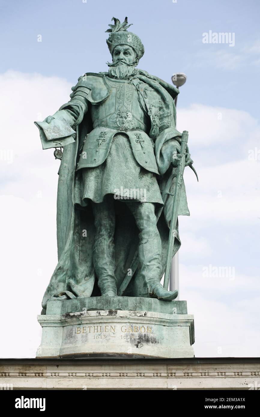 Budapest, Hungary 11.02.2021: Statue of Gabor Bethlen Prince of Transylvania on Heroes Square Budapest Hungary Stock Photo