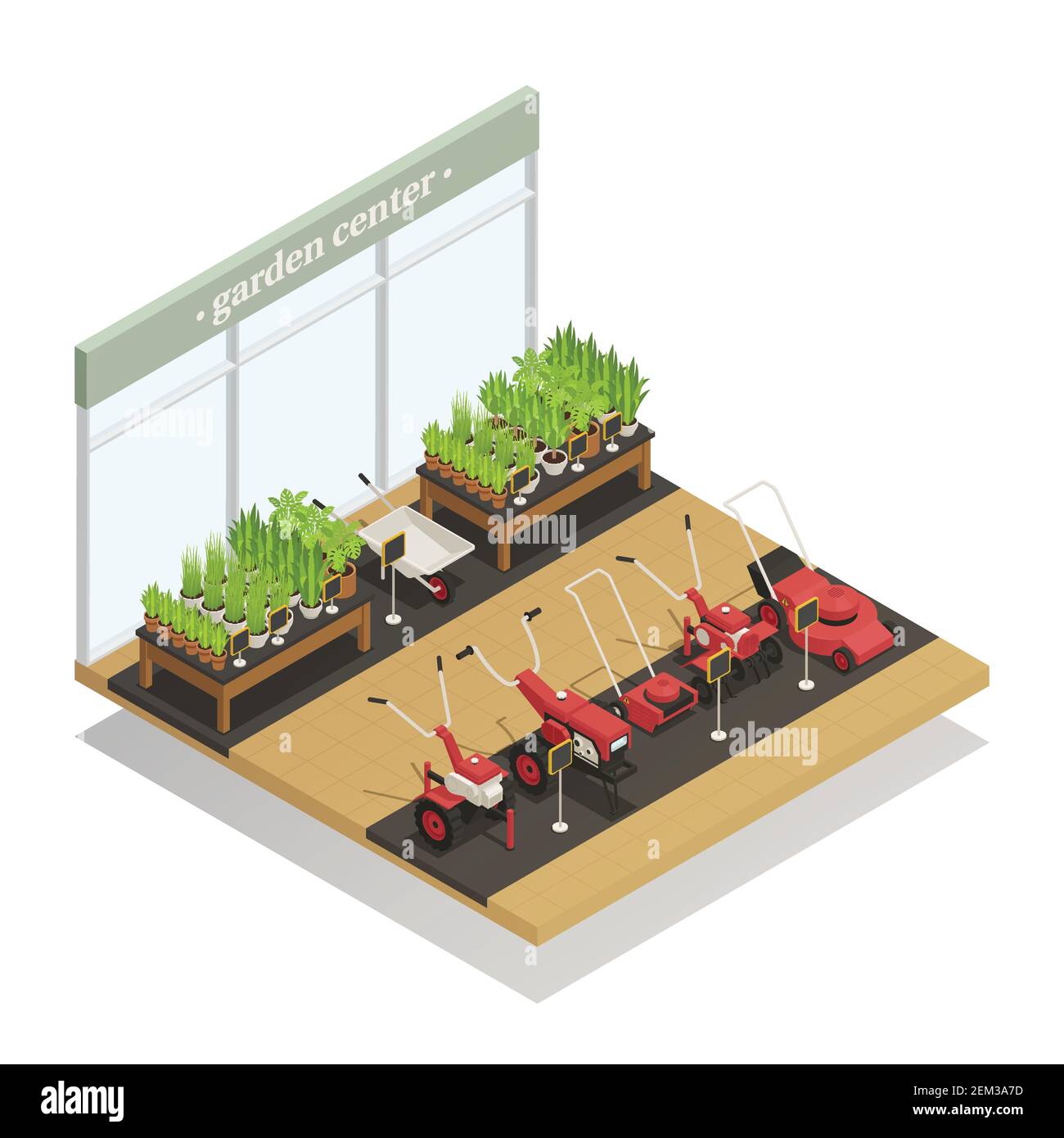 Garden center young plants and agricultural equipment sale isometric composition with lawn
