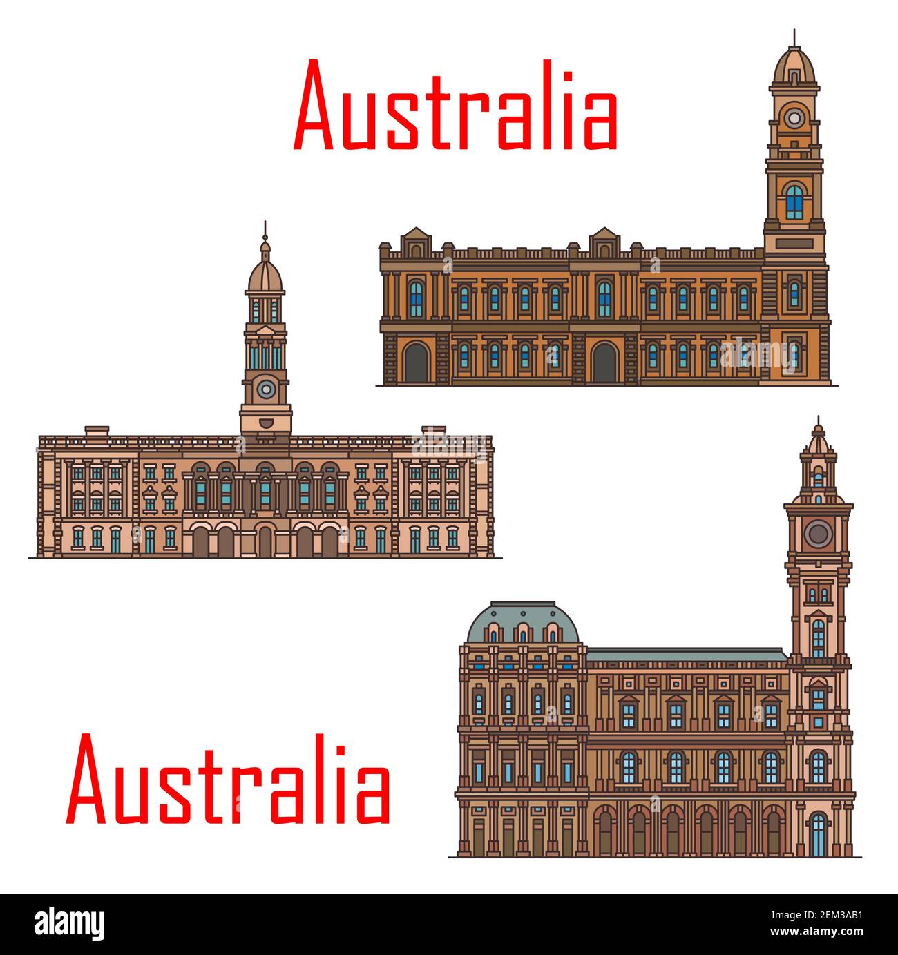 Australia architecture, Adelaide and Melbourne municipal city buildings and historic landmarks. Vector Adelaide town hall and Melbourne general post o Stock Vector