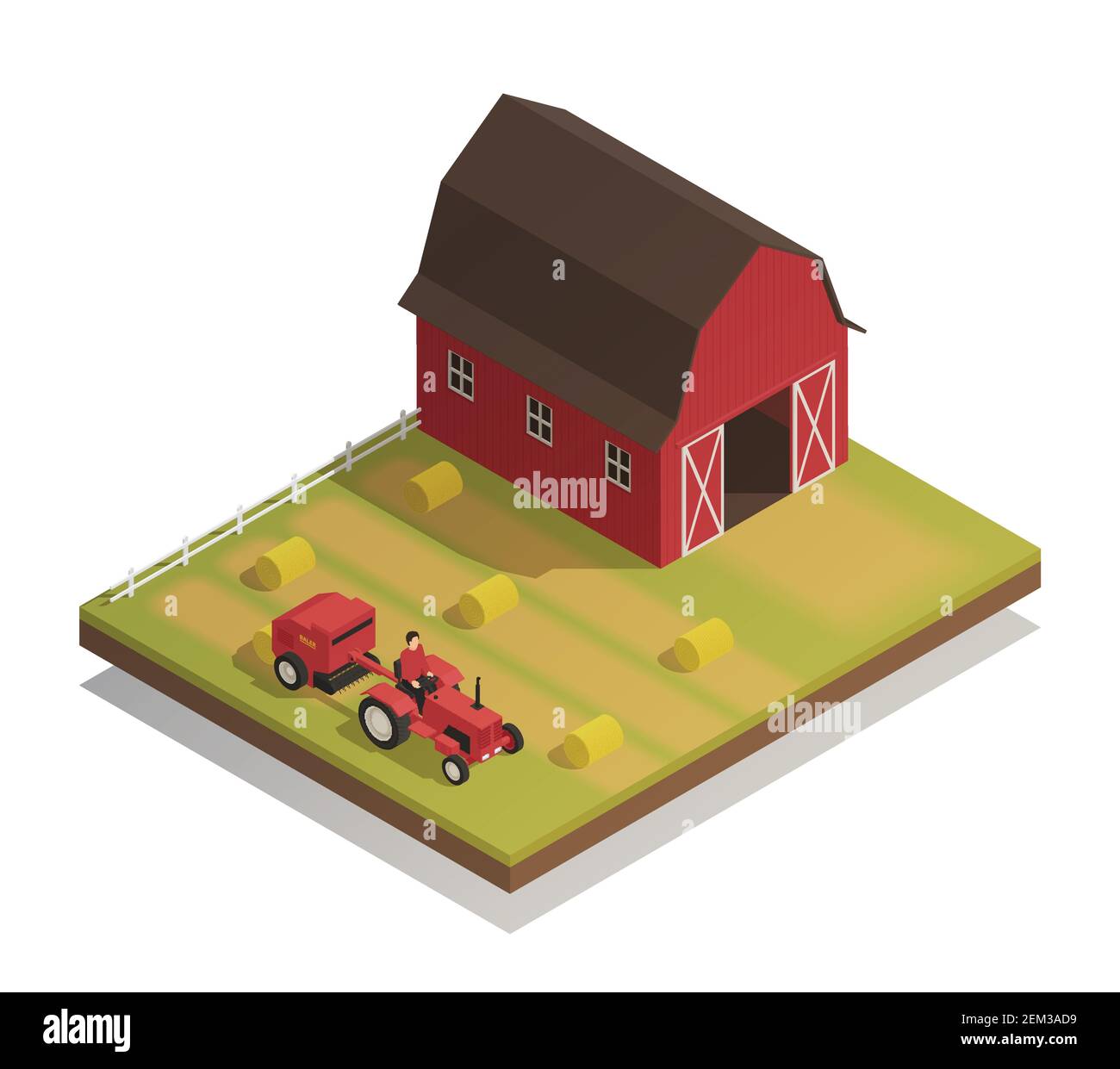 Agricultural farm harvesting machinery with hay making equipment compact tractor and large barn isometric composition vector illustration Stock Vector