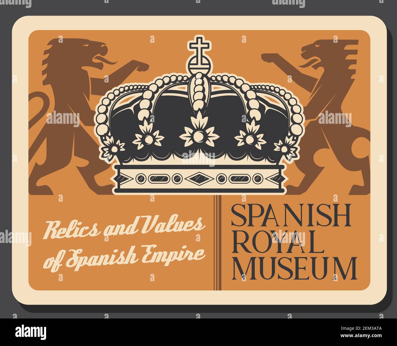 Spanish museum, relics and values of Spain empire. Vector victorian emblem with lion, heraldic style kings crown with gemstones. Coat of arms of Spain Stock Vector