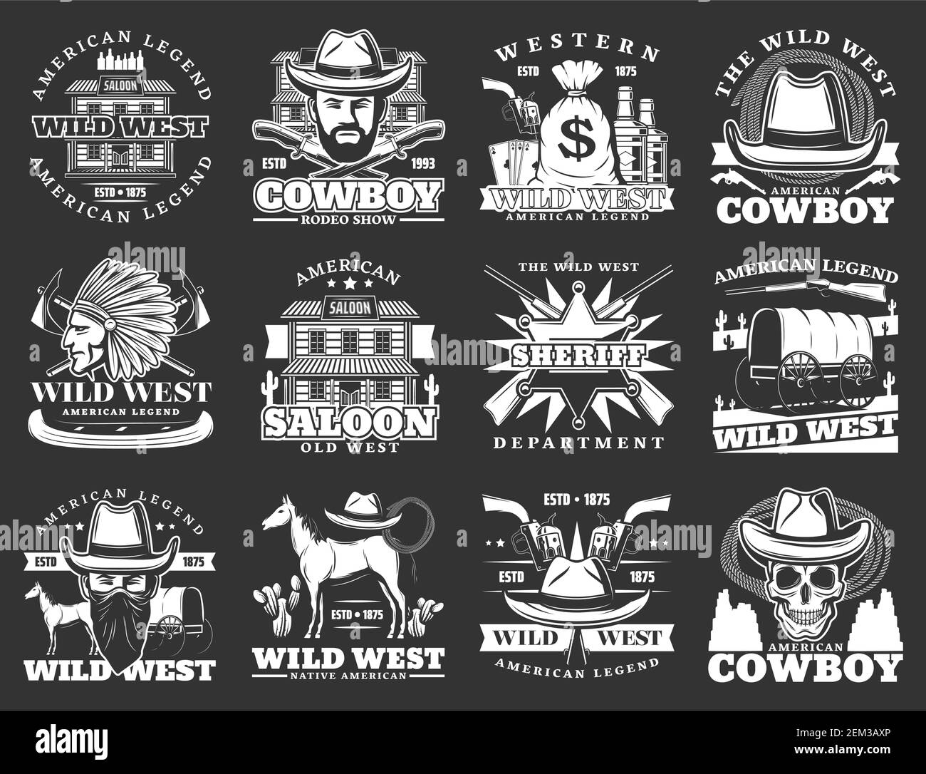 Wild west isolated icons. Vector cowboy american legend, western saloon, sheriff department, crossed revolvers, pistol gun. Wagon cart, native indian, Stock Vector