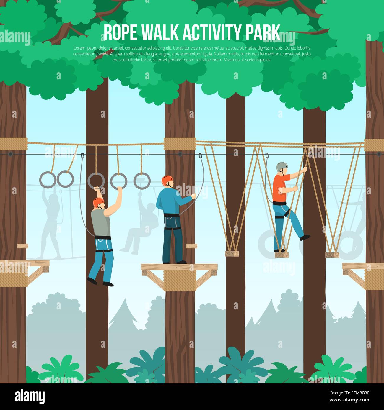 Rope walking outdoor adventure park activities with tightrope and zip line  component flat poster vector illustration Stock Vector Image & Art - Alamy