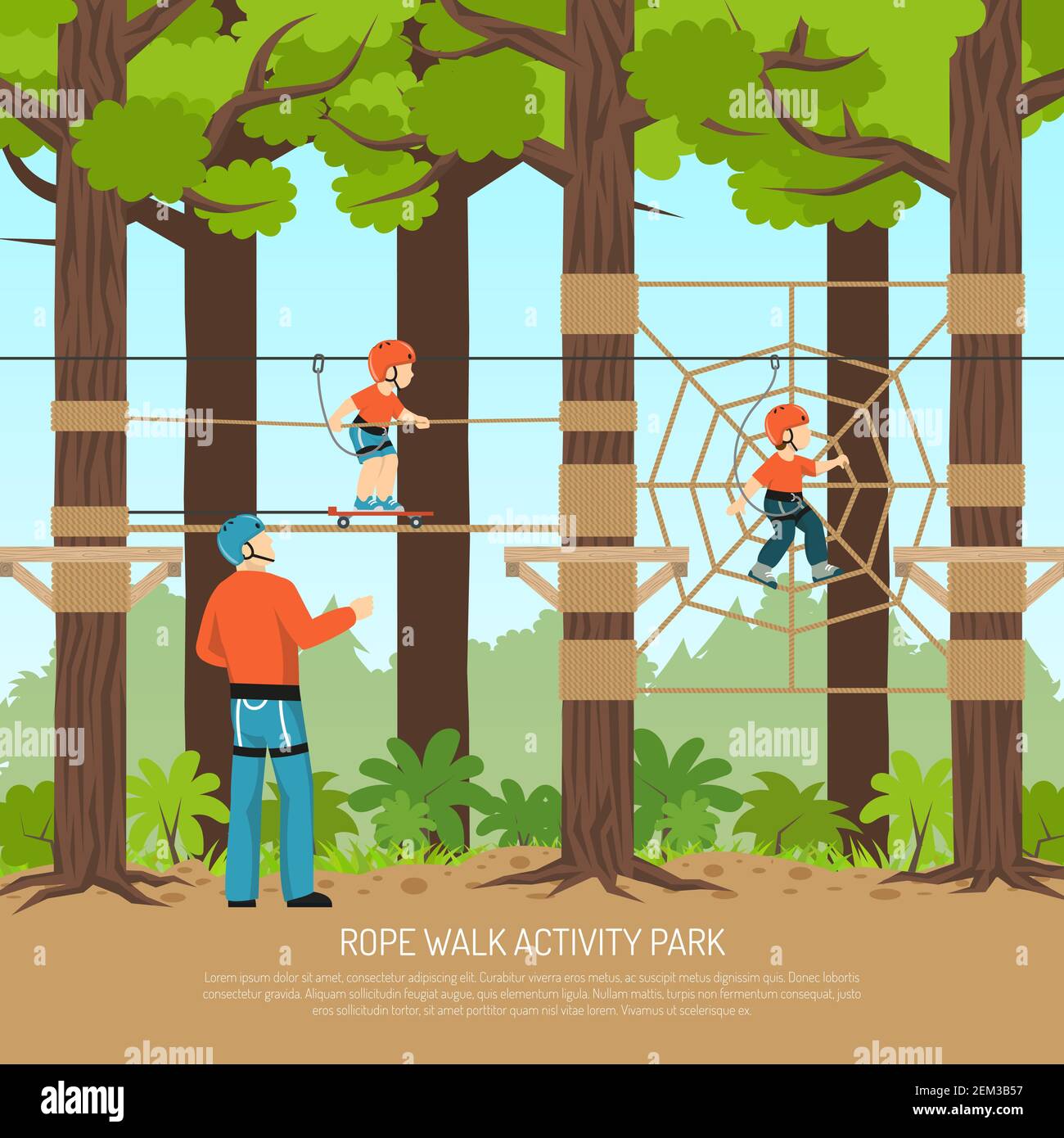 Rope walk activity children park composition with view of forest ...