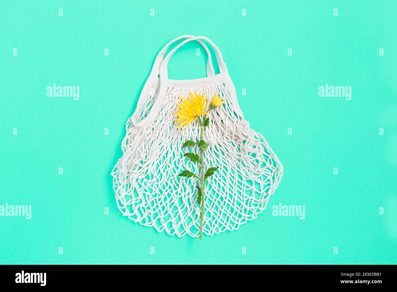 White eco bag mesh texture with flower on blue background. Flat lay Stock Photo
