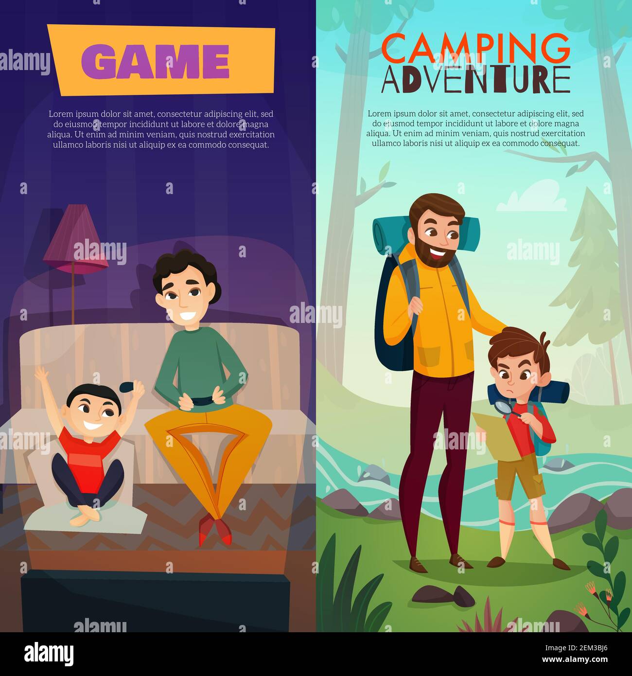 Fatherhood vertical banners, dad and son during home game and camping  adventure isolated vector illustration Stock Vector Image & Art - Alamy