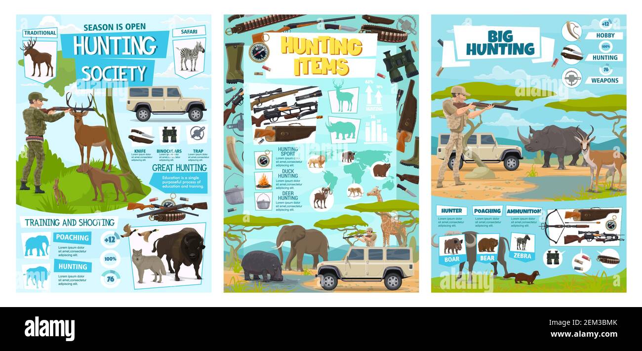 Hunting equipment and hunt animals infographic diagrams and information statistics. Vector