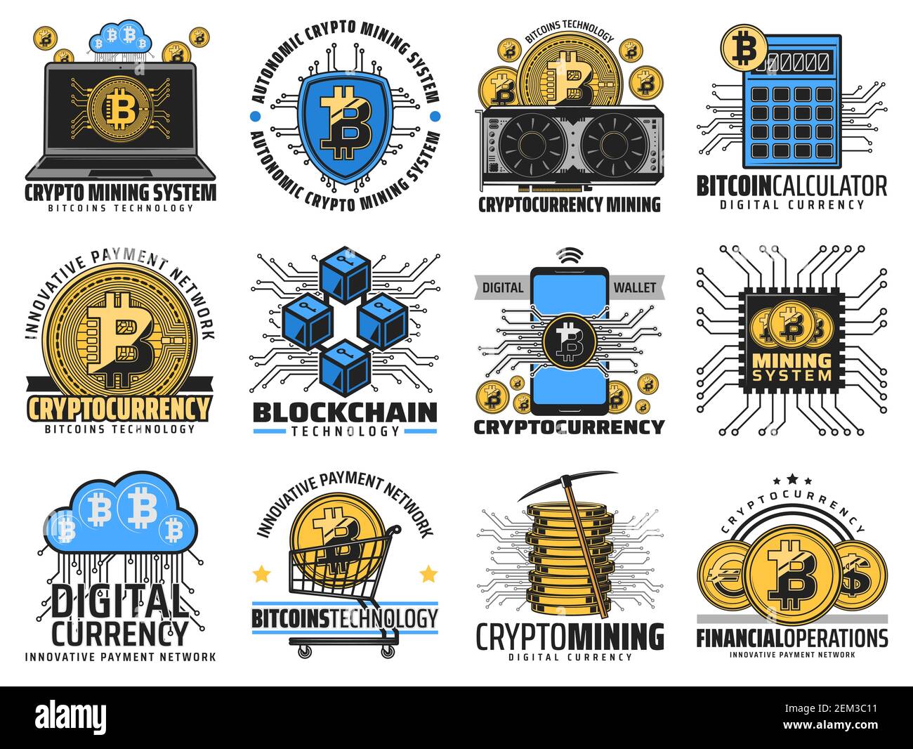 Bitcoin cryptocurrency blockchain, digital money mining and crypto coin technology icons. Vector cryptocurrency computer block chain network, bitcoin Stock Vector