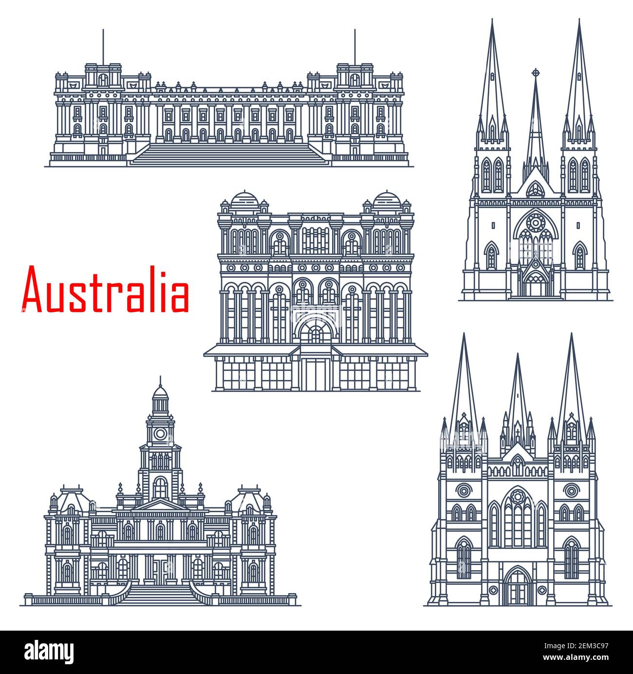 Australian famous building landmarks, architecture. Vector Parliament Melbourne, Saint Patricks and Pauls Cathedrals, Queen Victoria Palace, Sydney To Stock Vector