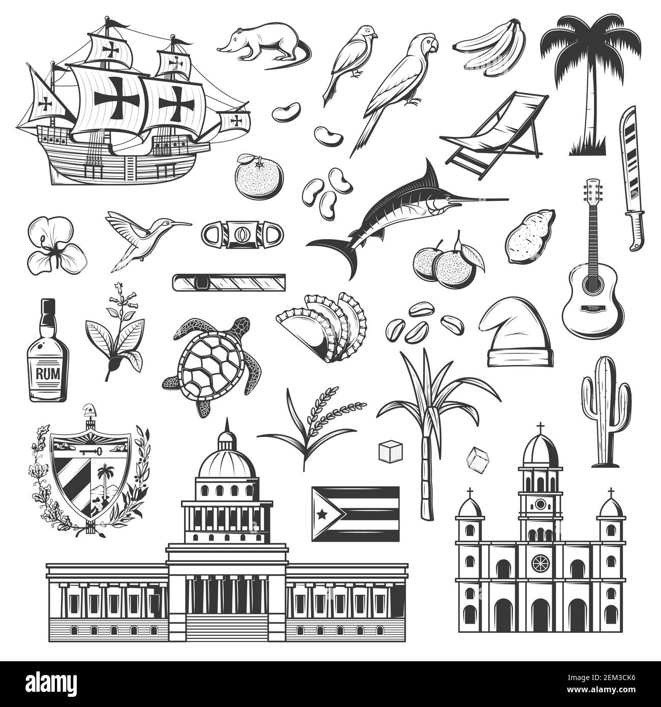Cuba and Havana icons, travel and tourist famous landmark symbols. Vector Cuba flag, Havana parliament, cigar and historic frigate ship, sugar cane an Stock Vector
