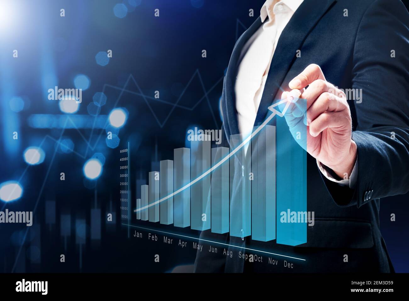 Businessman showing virtual bar chart with digital background Stock ...