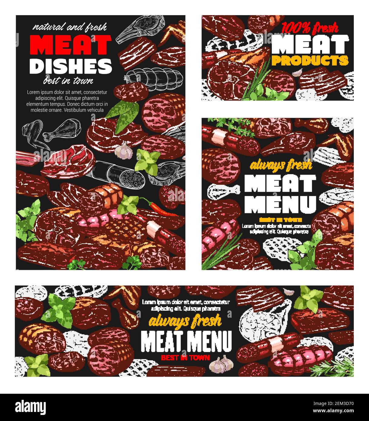 Butcher shop meat food menu, sausages and butchery gourmet delicatessen. Vector farm butchery products pork, lamb and beef steak or ham and bacon, fil Stock Vector