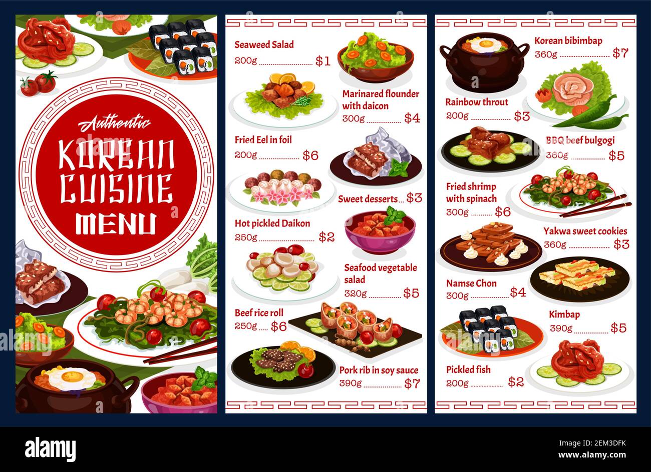 Korean cuisine restaurant menu, Korea authentic food dishes. Vector