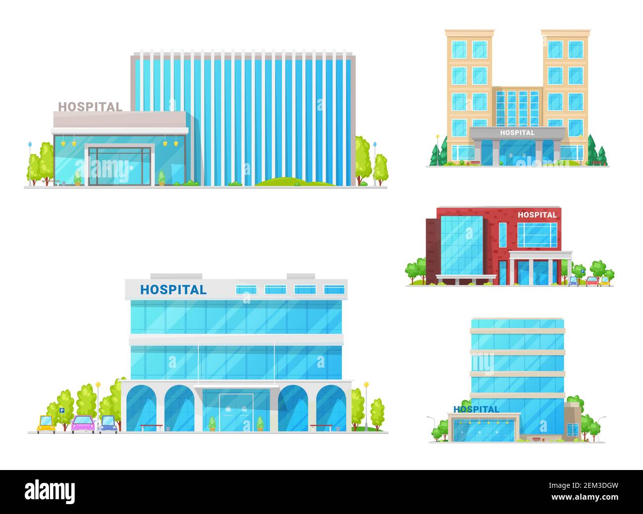 Hospital buildings, clinic ambulance and medical institution architecture facade icons. Vector modern medical center or state clinic buildings, modern Stock Vector