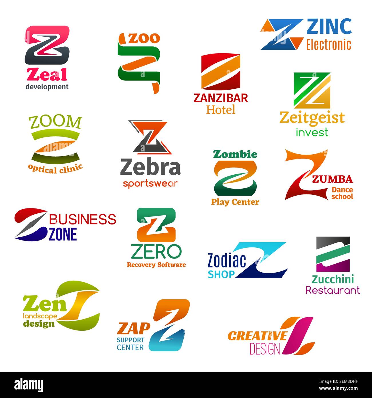 Corporate identity letter Z business icons. Vector development and zoology, recreation and technology, finance, medicine and fashion. Entertainment, e Stock Vector