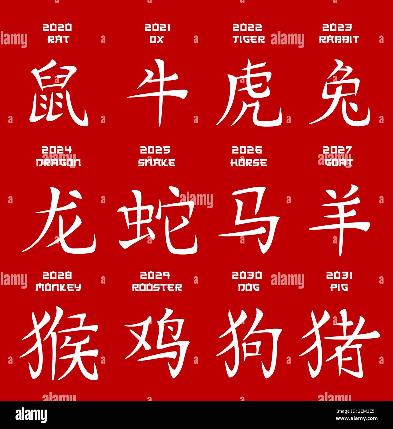 Chinese Horoscope Calligraphy Hieroglyph Vector Symbols Lunar Year 