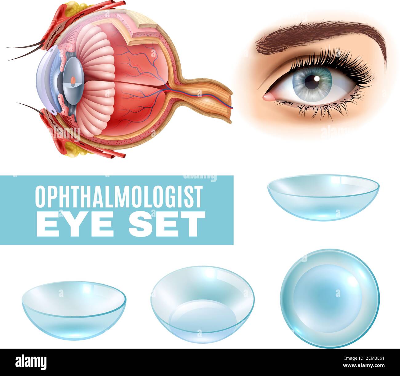 Ophthalmology realistic set of contact lens and human eye anatomy in side view isolated vector