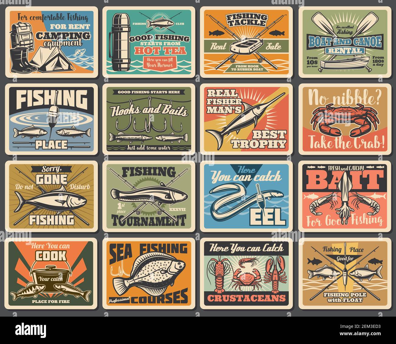 Fishing sport, camping and tourism retro metal signs. Vector fishery  equipment, fish and camp tent, flounder and cooking cauldron. Boat crossed  paddle Stock Vector Image & Art - Alamy