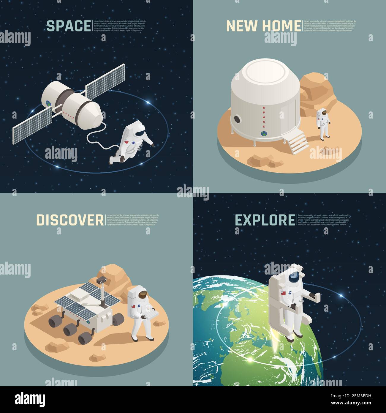 Space research exploration discoveries 4 isometric icons square with astronaut landing on alien planet isolated vector illustration Stock Vector