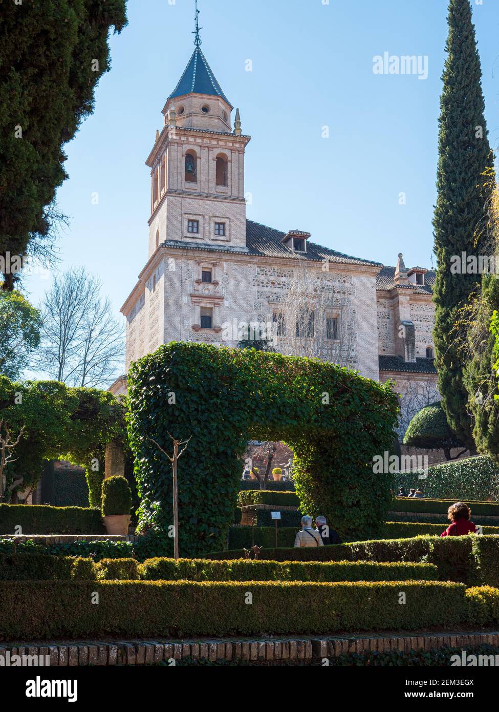 Tower and terraced gardens at The Alhambra, Granada, Spain. Stock Photo