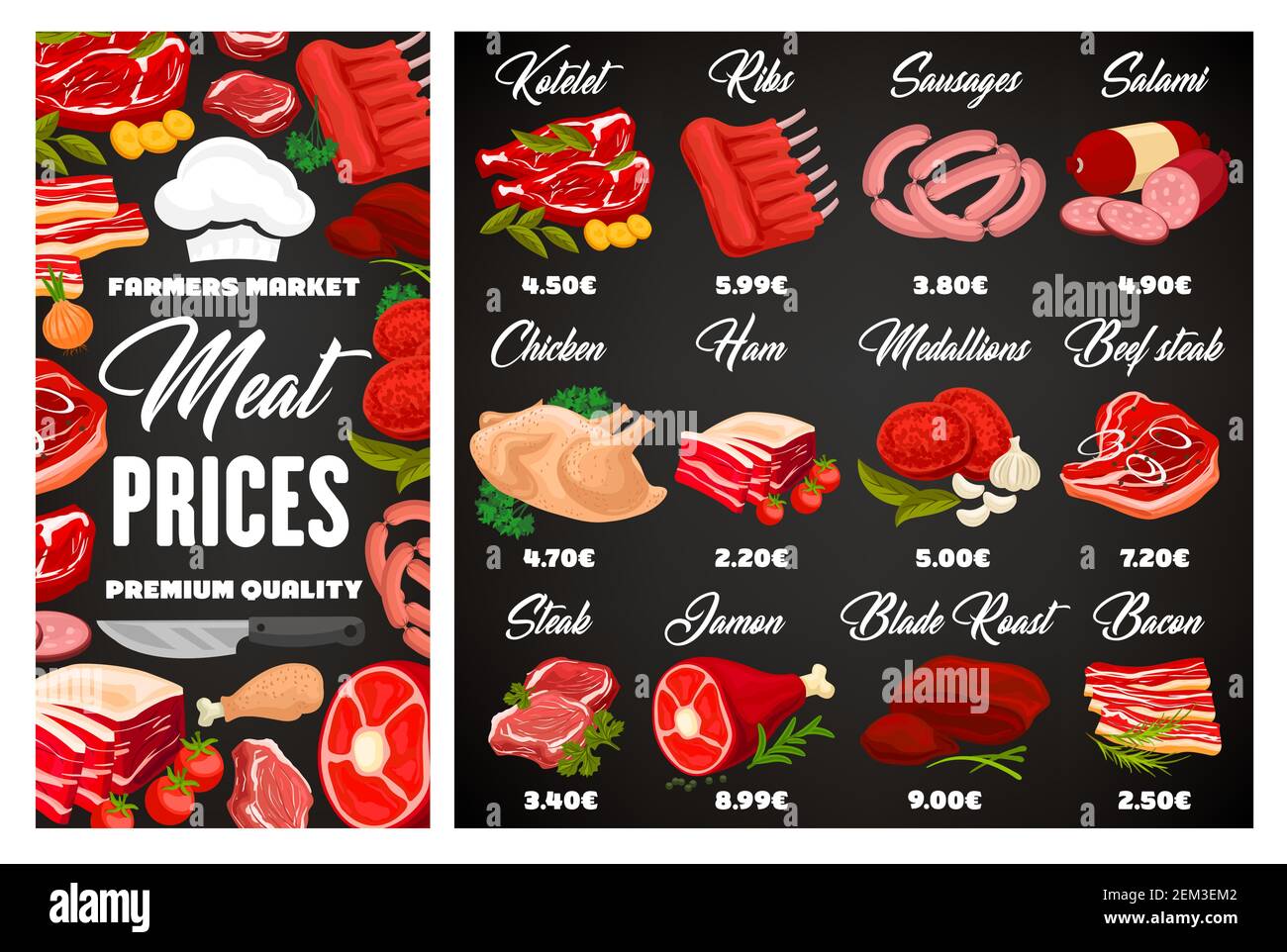 Butcher shop meat and sausages price menu, farm market butchery food