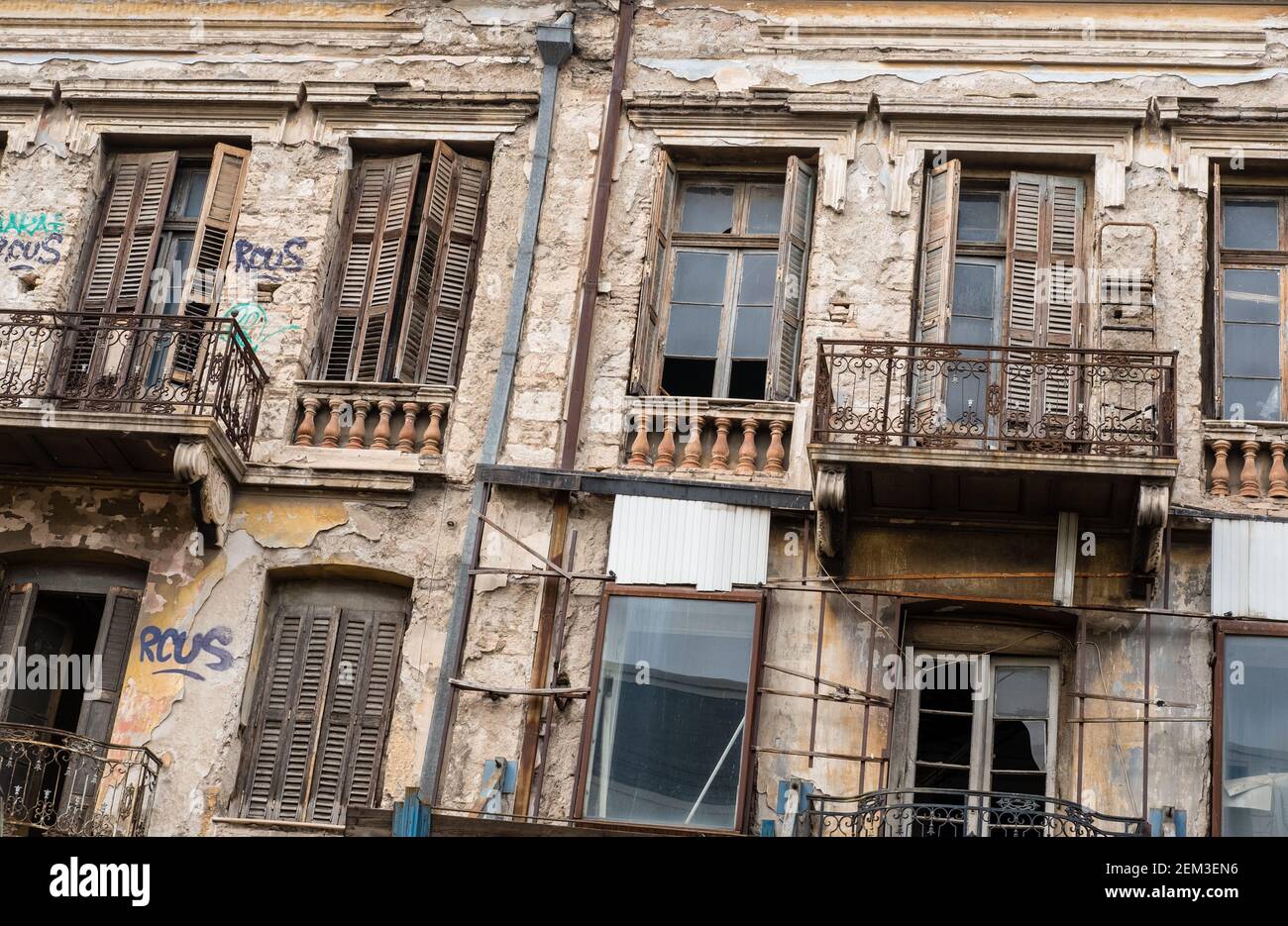 Old rustic building exterior in Athens, Greece, Europe Stock Photo