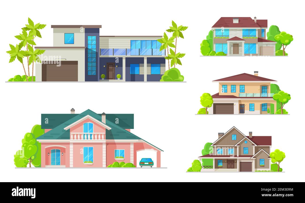 Houses, mansions and residential real estate buildings architecture
