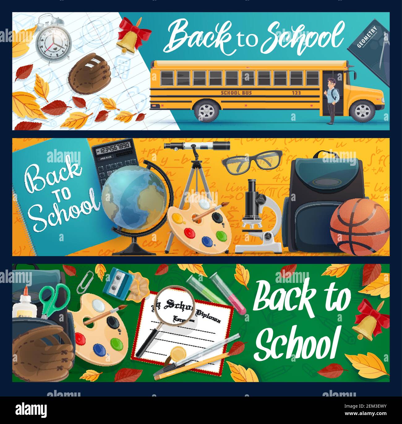 Back to School vector banners with school bus and student supplies ...