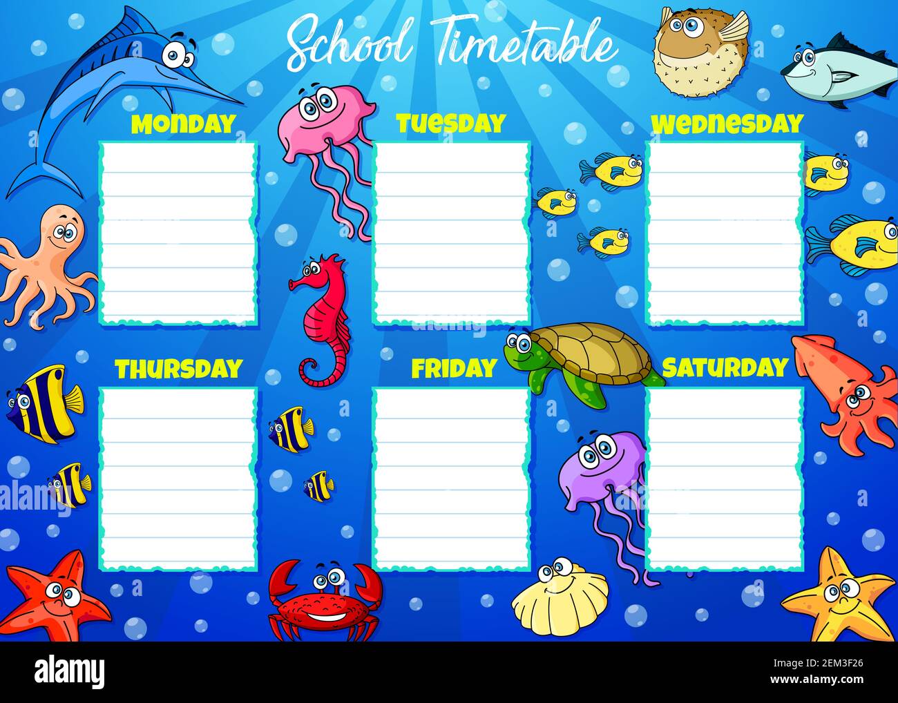 School timetable, cartoon underwater world week schedule. Vector student  classes weekly table or school timetable chart template with sea animals,  tur Stock Vector Image & Art - Alamy