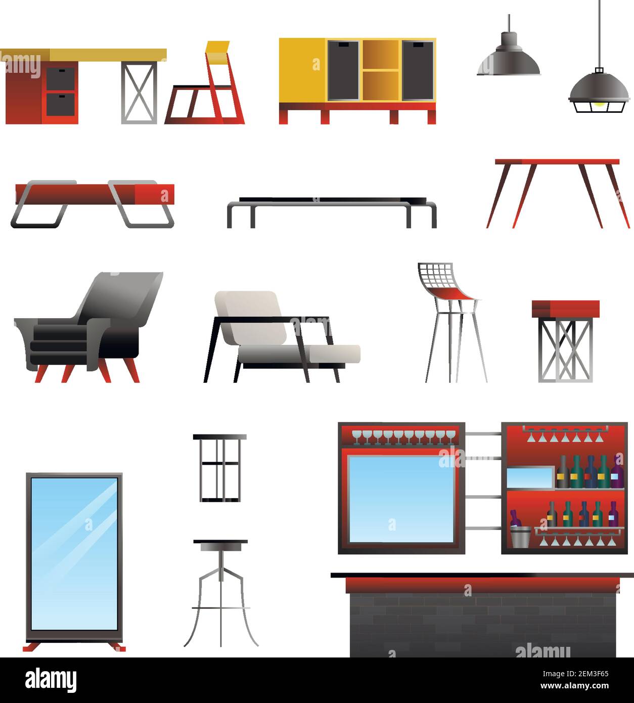 Loft interior elements gradient flat constructor set with isolated ...