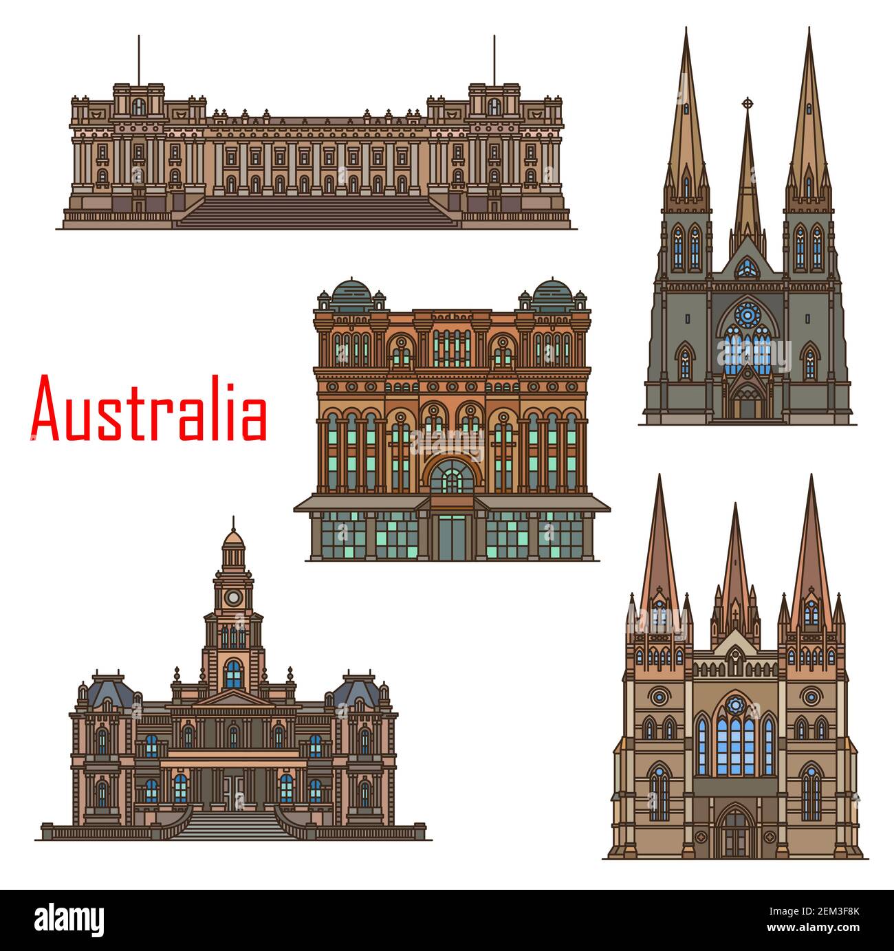 Australia architecture, cathedral buildings and Sydney famous landmarks. Vector St Patrick and Paul cathedral, Sydney town hall, Queen Victoria buildi Stock Vector