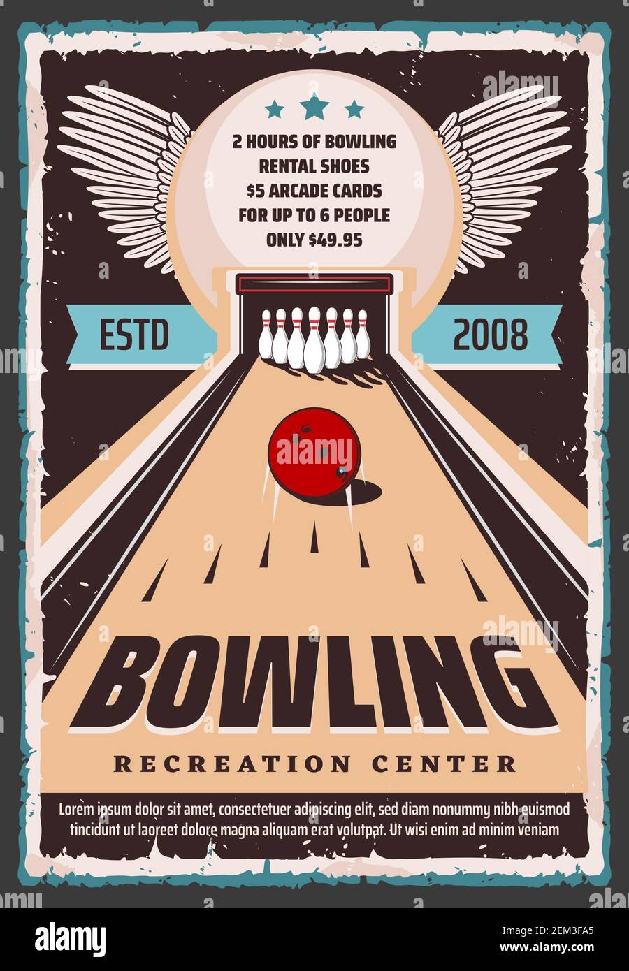 Bowling center retro grunge poster, sport club and leisure games recreation  center. Vector bowling shoes and lanes rental, ball and skittle pins strik  Stock Vector Image & Art - Alamy