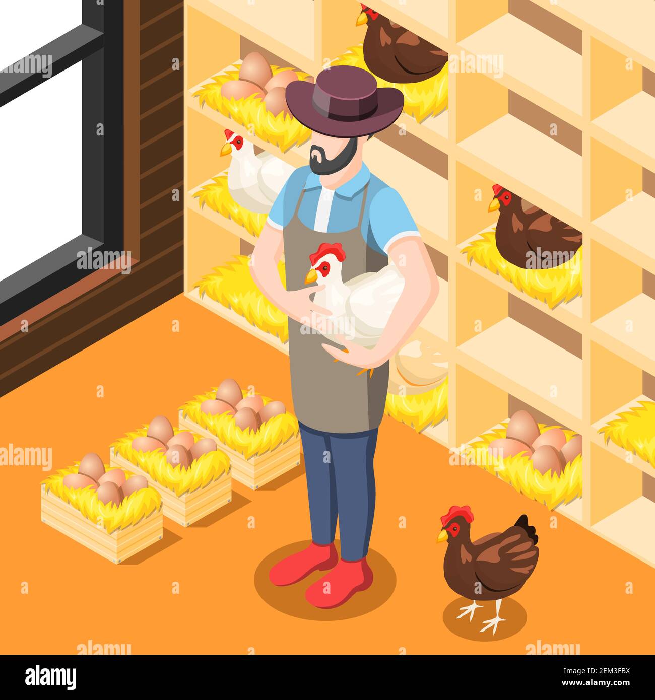 Chicken coop isometric background with farmer, hens, eggs in wooden boxes with straw vector illustration Stock Vector