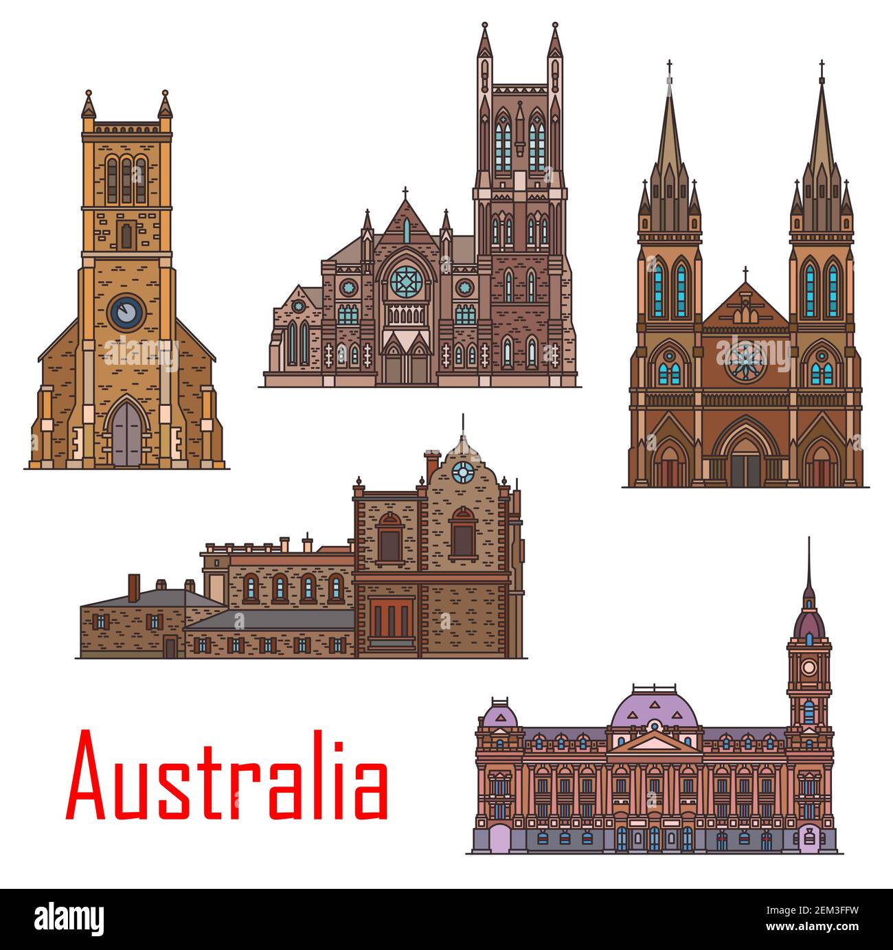 Australia architecture, Sydney, Adelaide and Melbourne city buildings and landmarks. Vector St Peter and Francis Xavier cathedral, Melbourne town hall Stock Vector