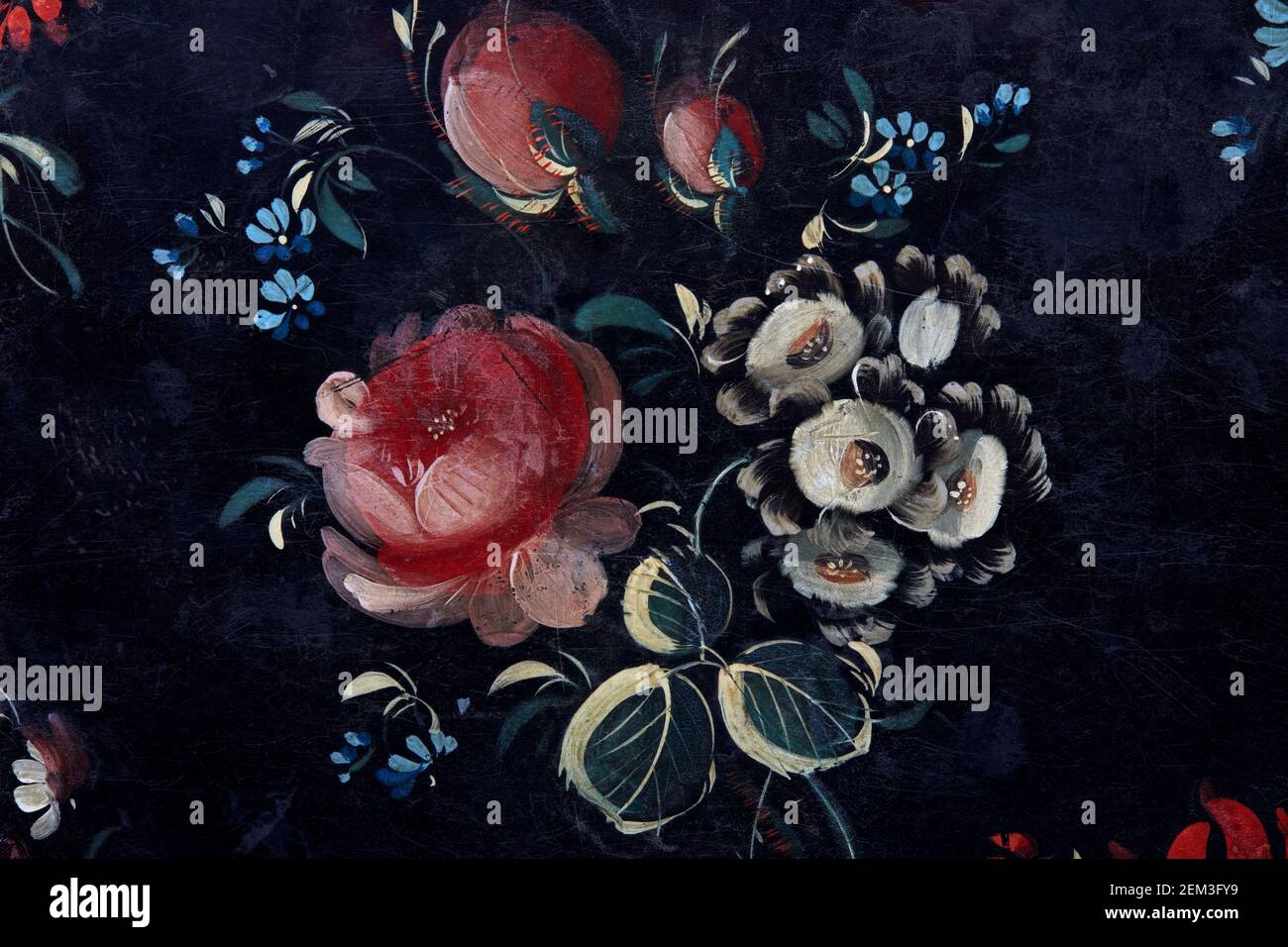 Pink roses, white and blue flowers bunch painted on black background ...