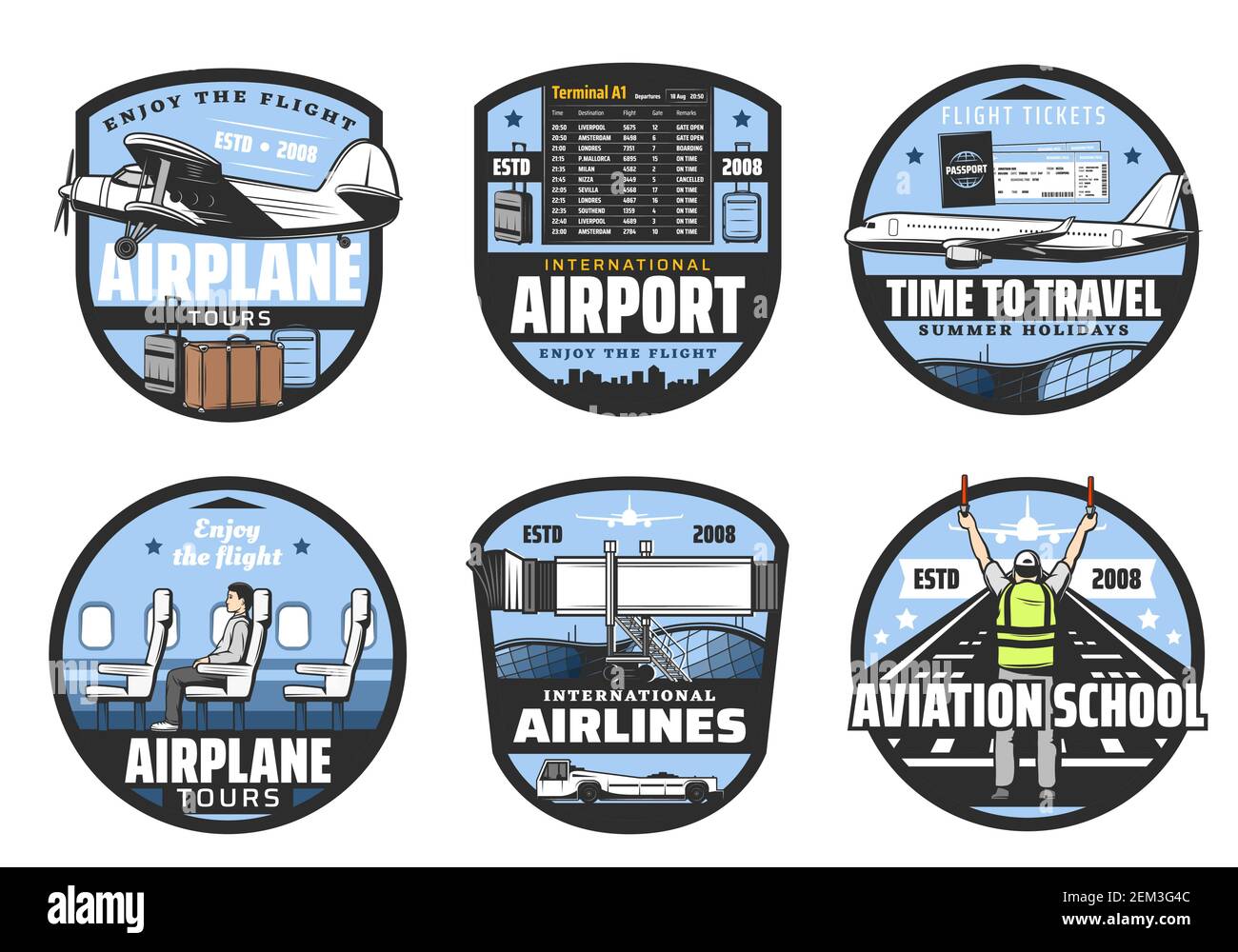 Vector flight tickets, travel, airlines and aviation school icons