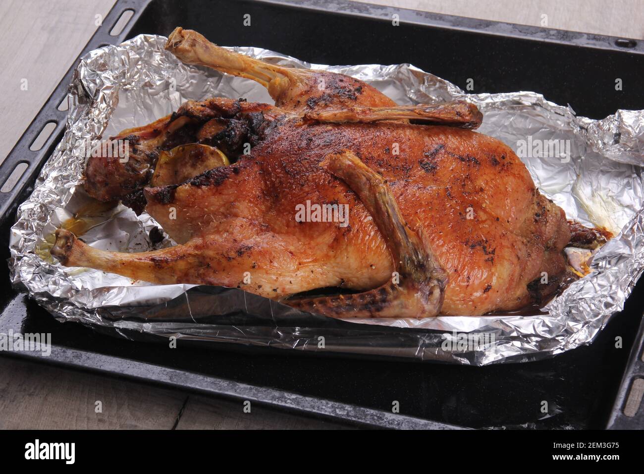 Roast Christmas duck stuffed with fruits on oven plate and aluminium foil Stock Photo