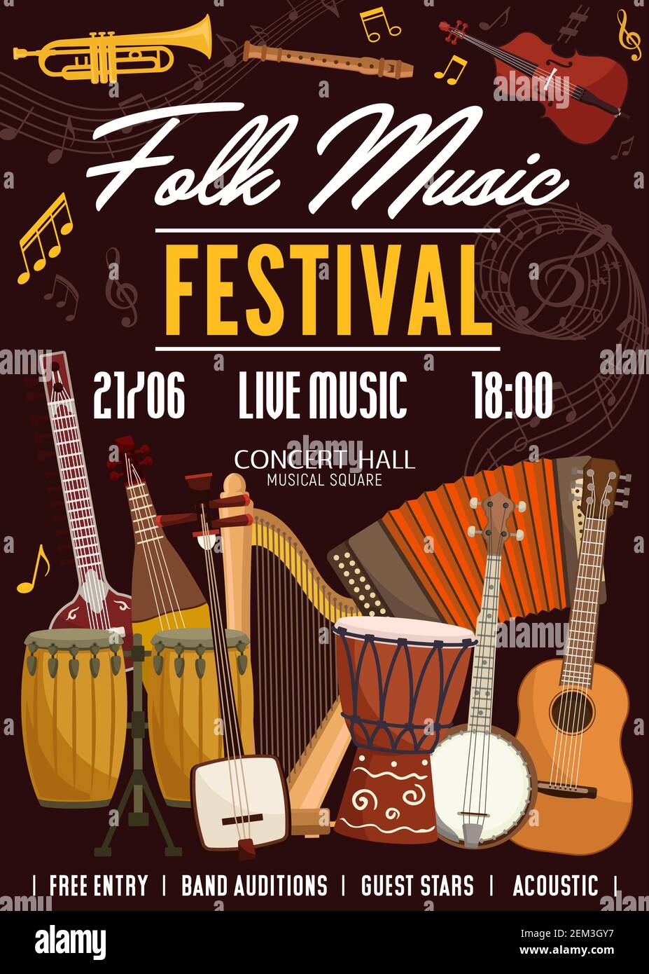 Folk music festival, sound band concert poster, musical instruments and