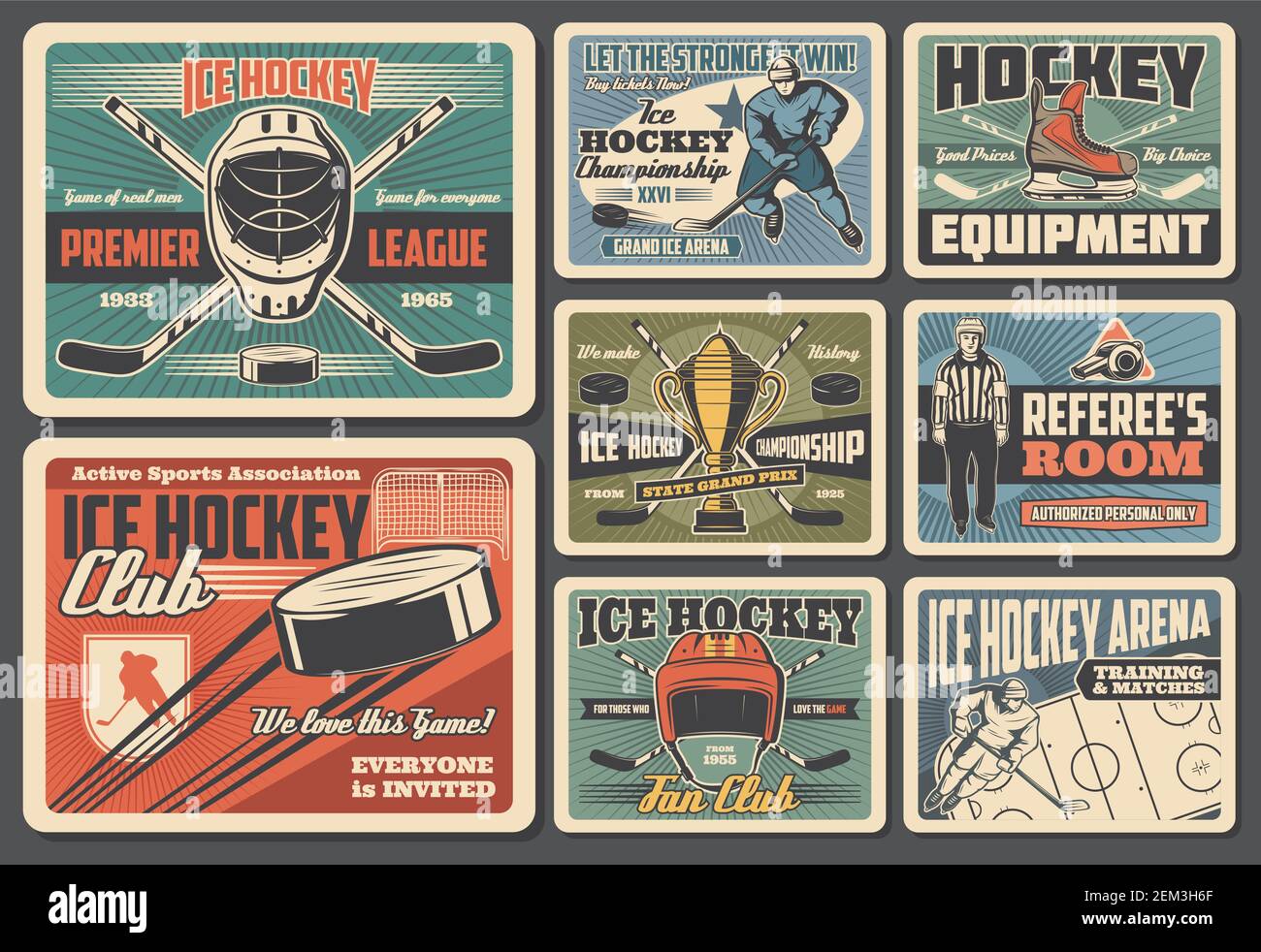 Ice hockey sport equipment, player and referee retro cards. Vector