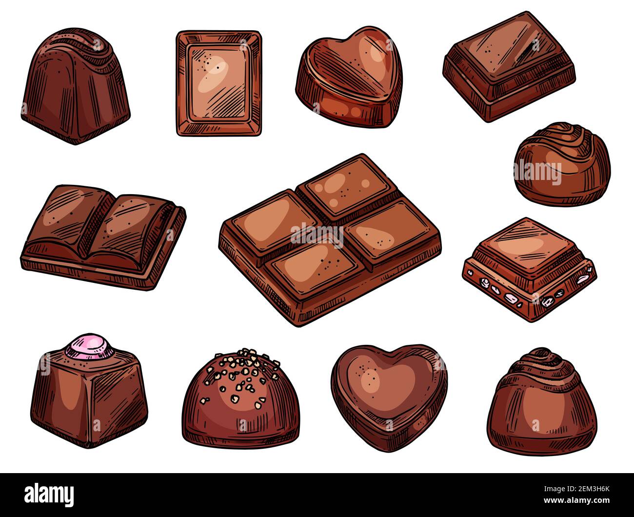 Chocolate candies and sweet desserts sketch isolated icons. Vector ...