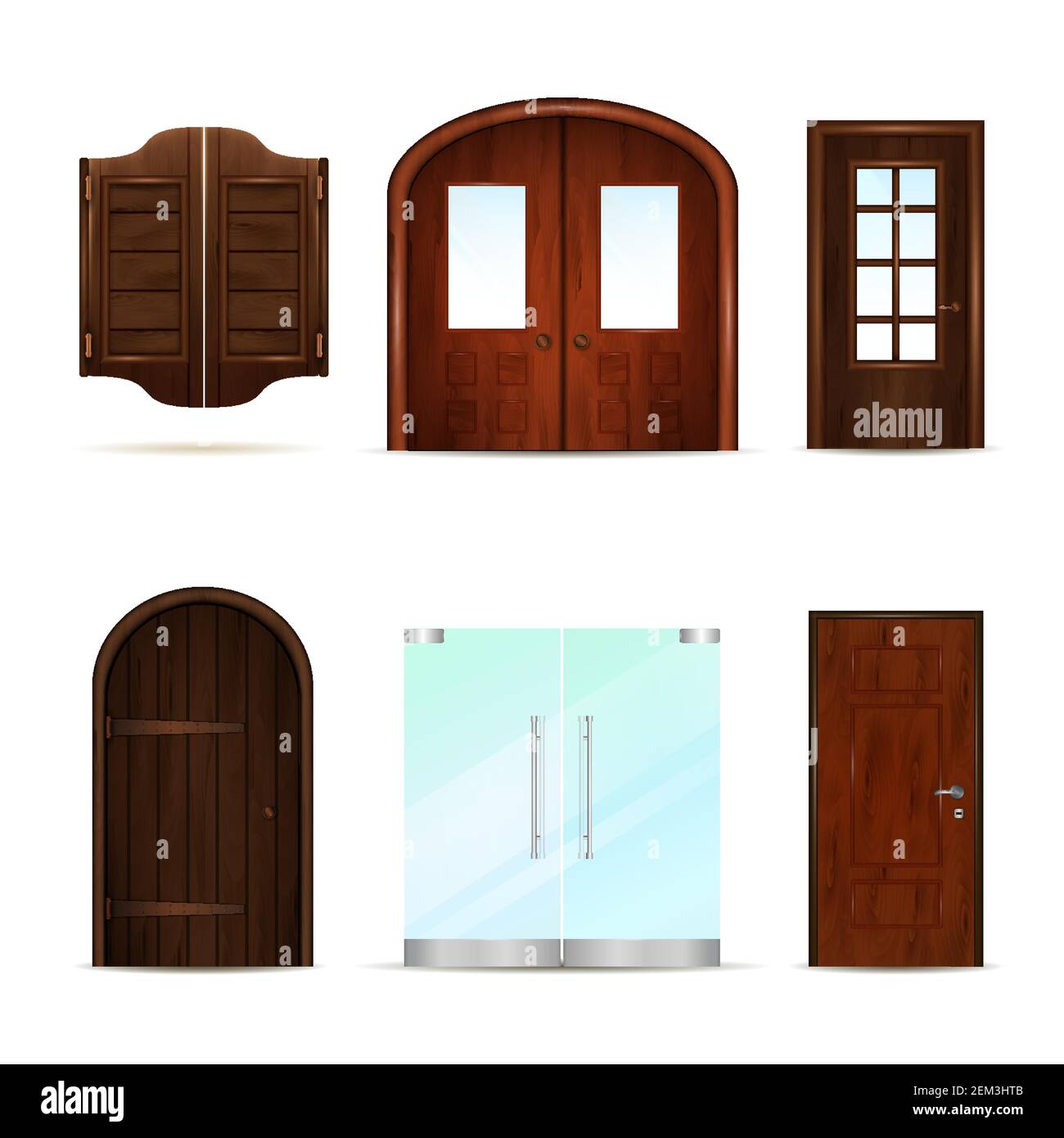 Entrance doors set of realistic 3d images with vintage classic and