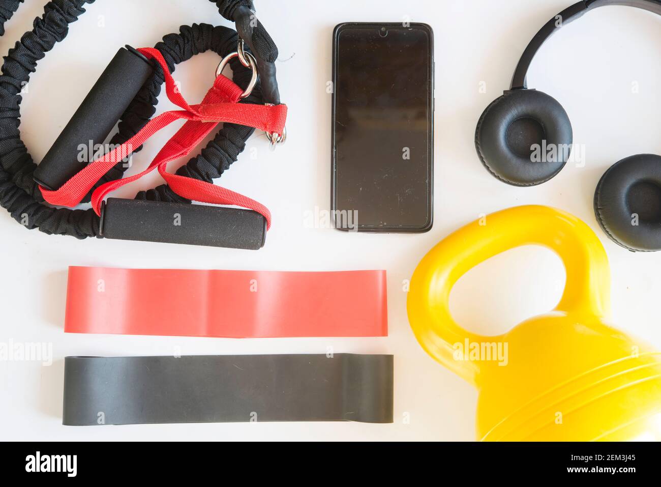 fitness at home with mobile Stock Photo