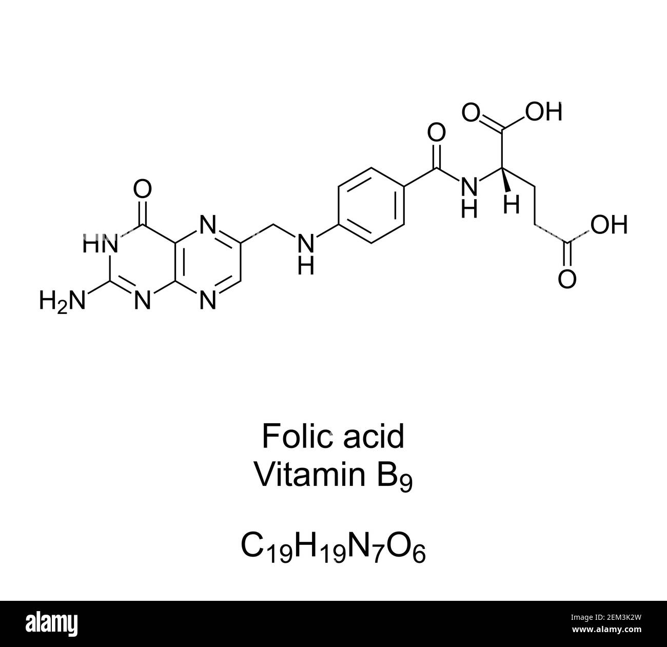 Folic acid, vitamin B9, chemical formula and structure. Converted by the body to folate. Used as