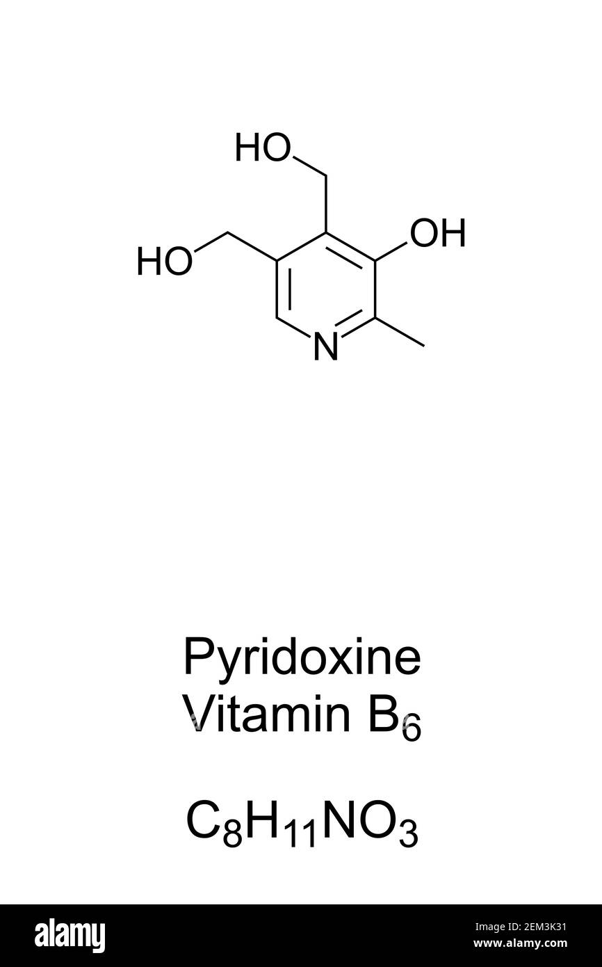Pyridoxine, vitamin B6, chemical formula and skeletal structure. A form of vitamin B6, found in food and used as dietary supplement. Stock Photo