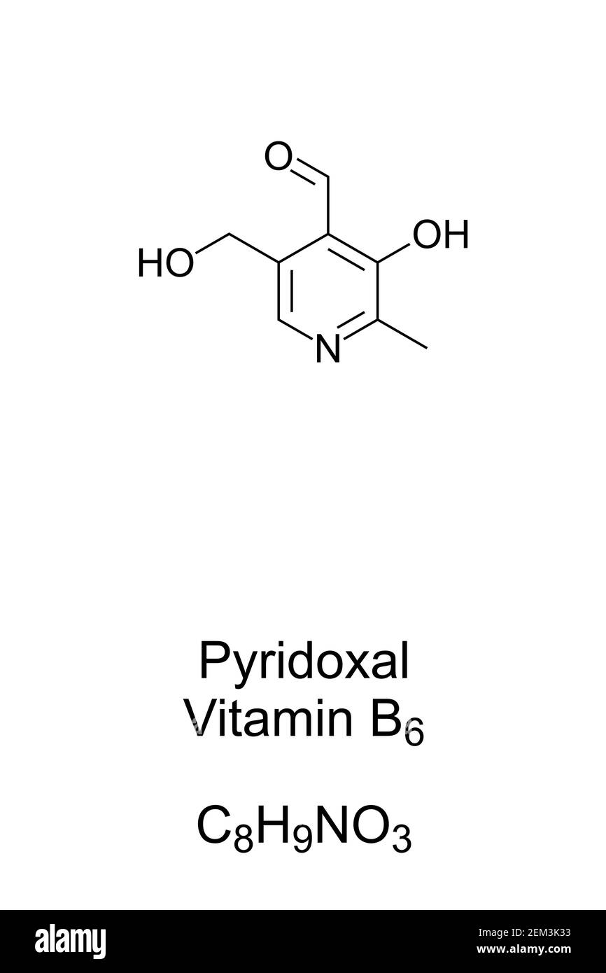 Pyridoxal, vitamin B6, chemical formula and skeletal structure. A form of vitamin B6, also known as pyridoxaldehyde. Stock Photo