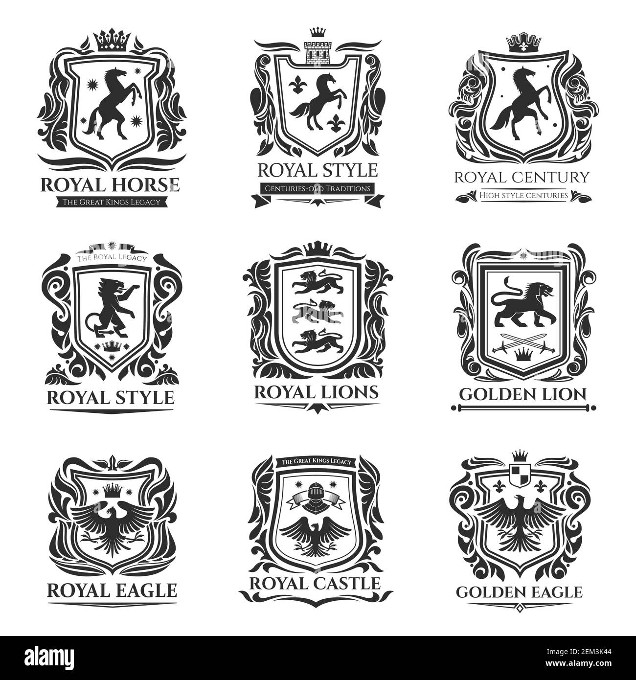 Heraldic shields, Medieval animals, Pegasus horse and royal floral emblems. Vector heraldic icons of Griffin lion with eagle wings, imperial crown, fl Stock Vector