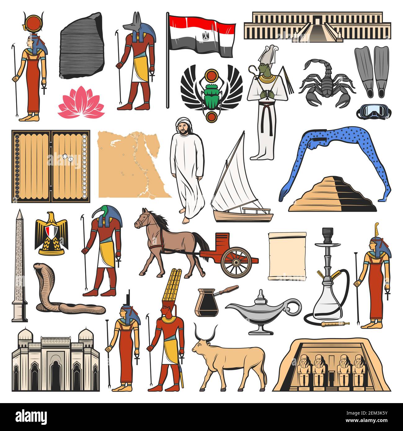 Egypt vector icons with ancient Egyptian travel landmarks, religion and culture symbols. Flag and map of Egypt, pharaoh pyramid, sacred Gods and templ Stock Vector