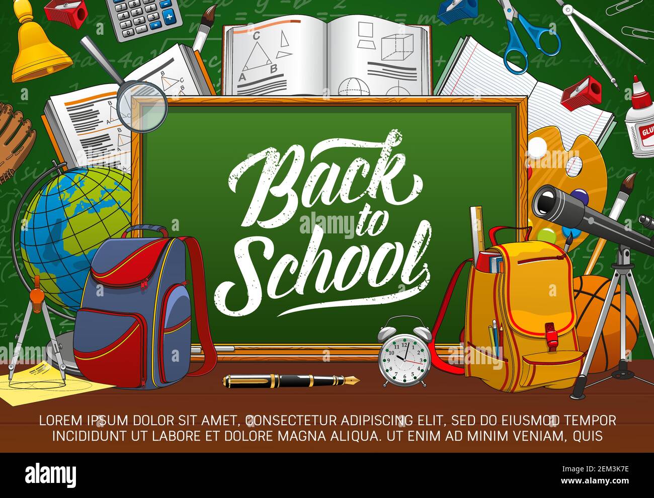 Blackboard with back to school lettering, stationery tools. Vector open ...