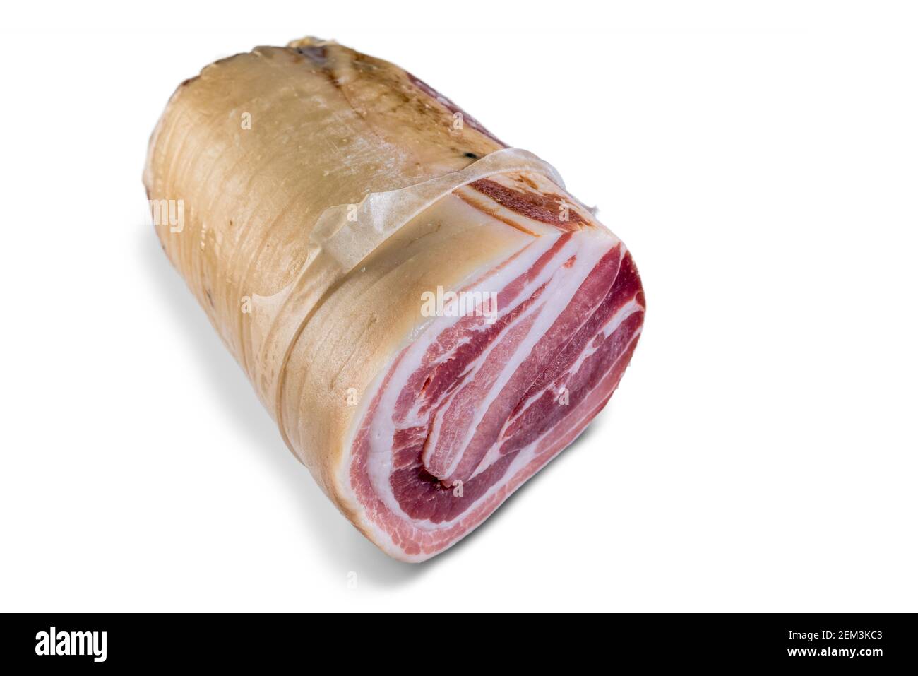 Italian rolled pancetta bacon, piece of streaked pork belly isolated on